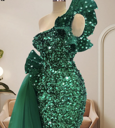 Sparkly Green Prom Dresses Mermaid One Shoulder Sequins