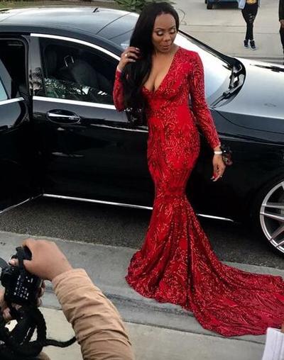 Mermaid long red sequin prom dress with long sleeves