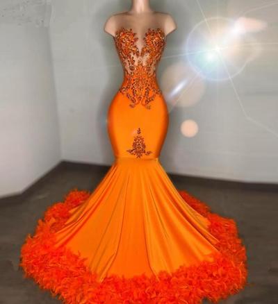 Mermaid A Line Orange Feathers Long Prom Dresses
