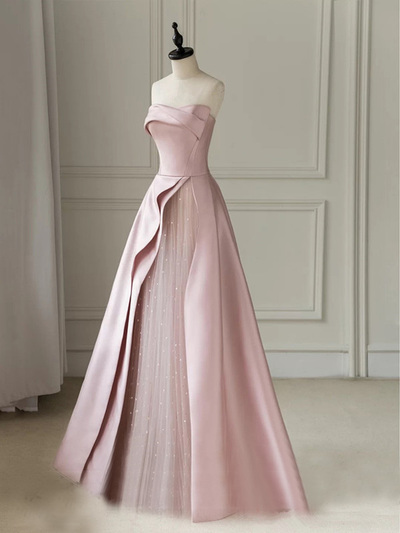Strapless Pink Wedding Dress A-Line Satin and Pearls Beaded Tulle vestido casamento Floor Length Wedding Gowns Bride Dress,1527