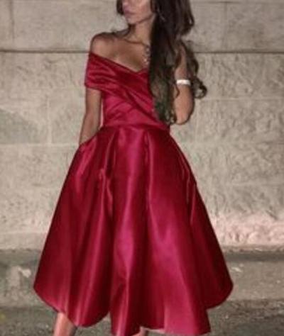 Simple off the shoulder a-line tea length satin homecoming dresses