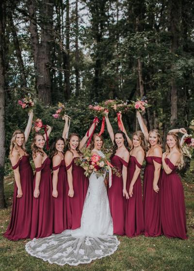 Off Shoulder Sweetheart Chiffon Wine Red Bridesmaid Dresses