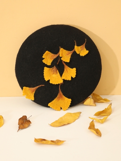 Cute Handmade Ginkgo Leaf & Fallen Autumn Leaves Wool Beret Hat
