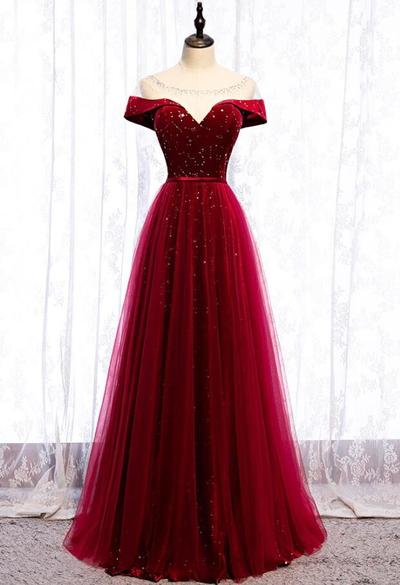 A Line Red Tulle Formal Prom Dresses