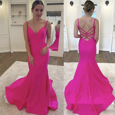 Fuchsia Prom Dresses Criss Cross Back Mermaid
