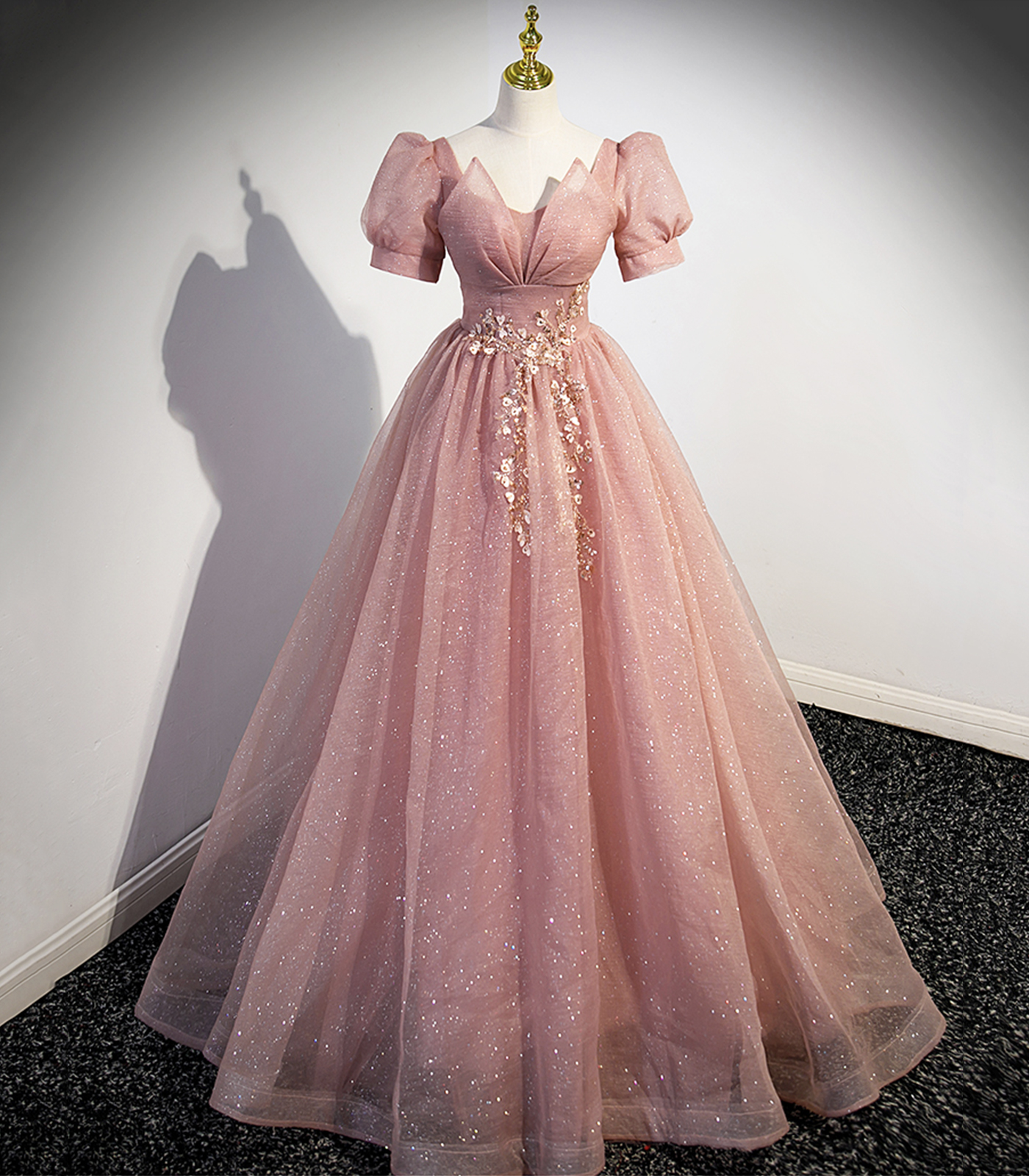 Pink Tulle Floor Length Prom Dress with Short Sleeve, Beautiful A-Line Evening Dress