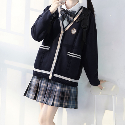 Unisex Brown Gray Navy Blue Emboidery Japanese Student Boys & Girls Autumn Winter Cozy Comfy Knitted Cardigan