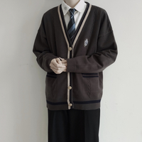 Unisex Brown Gray Navy Blue Emboidery Japanese Student Boys & Girls Autumn Winter Cozy Comfy Knitted Cardigan - Thumbnail 8