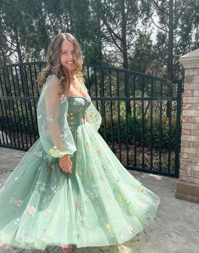 Beautiful Long Sleeves Tea Length Green Prom Dresses, Graduation Dresses