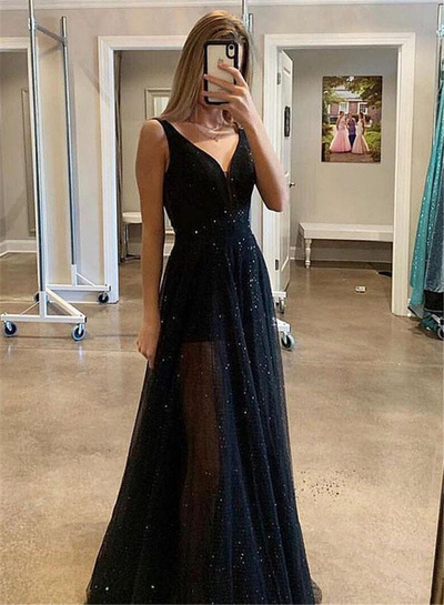 Fashion black sleeveless v-neck sequins tulle evening dress,1545