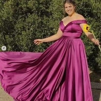 Plus Size Grape Prom Dresses Slit Side Off Shoulder - Thumbnail 1