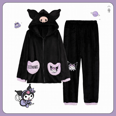 Black kuromi cute cartoon girl plush flannel cozy warm winter pajamas sleepwear long sleeve zip up hoodie tops & pants two piece - Thumbnail 3
