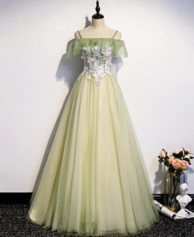 A Line Green Tulle Lace Prom Dresses