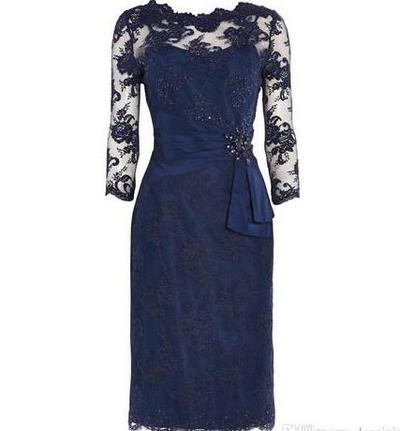 Knee Length Jewel Neck Blue Lace Short Mother Of The Bride Dresses