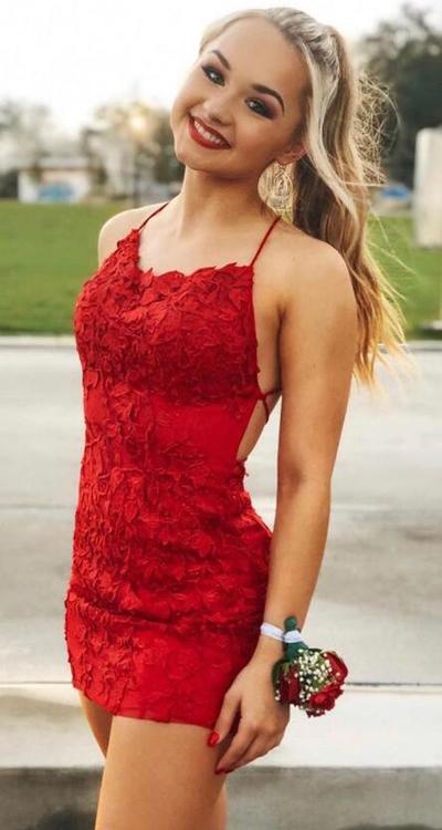 Sheath Spaghetti Straps Homecoming Dresses with Lace Appliques