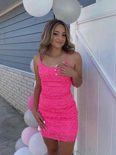 Spaghetti Straps Hot Pink Sequins Homecoming Dresses