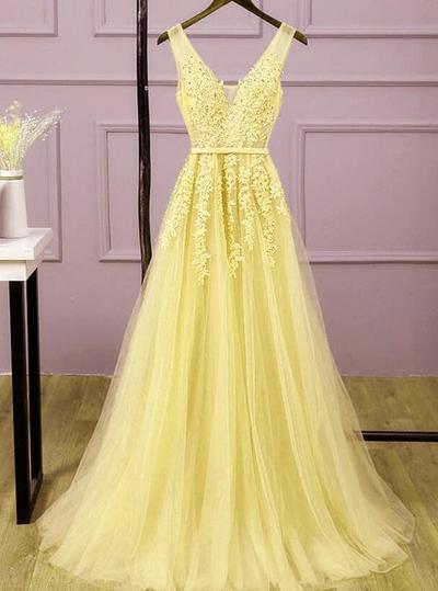 A Line V Neck Long Yellow Evening Gowns