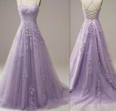 A Line Lavender Long Tulle Lace Prom Dresses