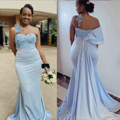 One Shoulder Bridesmaid Dresses Sky Blue with Appliques
