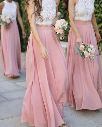 2 Pieces White and Dusty Pink Bridesmaid Dresses, Long Dresses for Wedding,1555