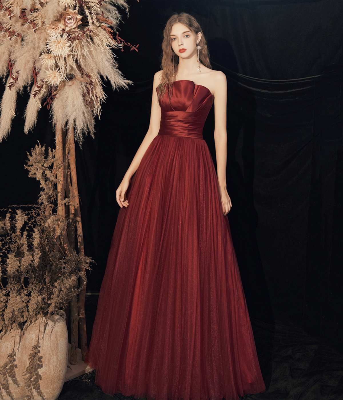 Burgundy Strapless Tulle Long Prom Dress, Beautiful A-Line Evening Dress