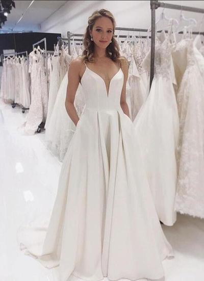 Spaghetti Straps Long Ivory Prom Dress with Pockets