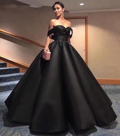 Off Shoulder Black Satin Beaded Ball Gown Prom Dresses