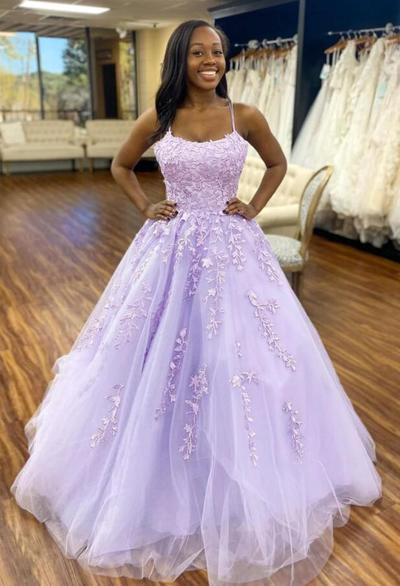 A-Line Purple Lace Long Prom Dresses