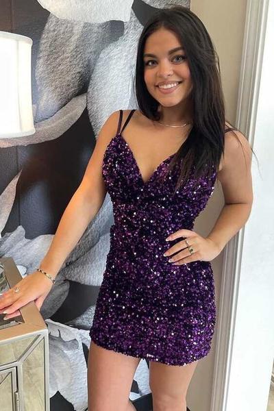 Sexy Purple Sequin V-Neck Cocktail Dresses