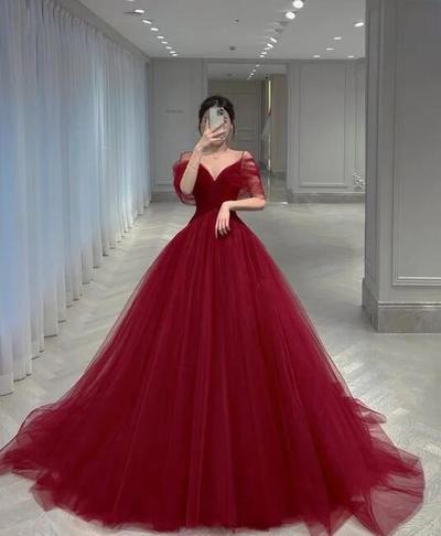 A Line Wine Red Tulle Long Prom Dresses, Formal Evening Dresses