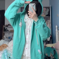 Y2K Angel Wings Meow Mint Turquoise Vocaloid Hatsune Miku Green Cute Cat Ears Japanese Girl Spring Comfy Hoodie Jacket - Thumbnail 6