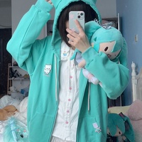 Y2K Angel Wings Meow Mint Turquoise Vocaloid Hatsune Miku Green Cute Cat Ears Japanese Girl Spring Comfy Hoodie Jacket - Thumbnail 7