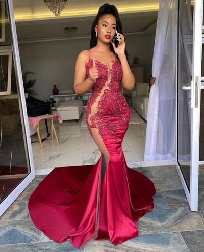 Sexy Mermaid Long Wine Red Lace Prom Dresses