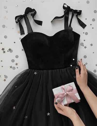 A line black top velvet tulle prom dresses