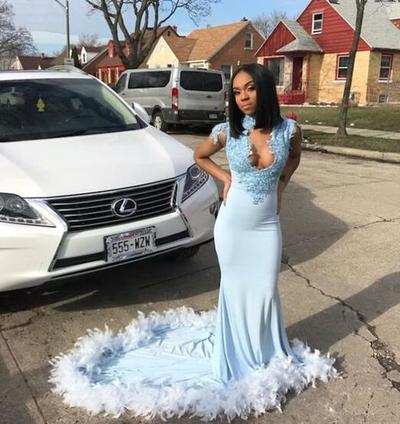 Mermaid Stain Blue Prom Dresses With Lace Women Party Dress