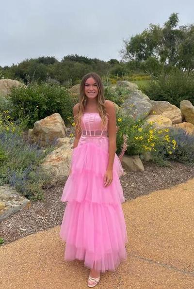 A Line Straps Pink Long Prom Dresses
