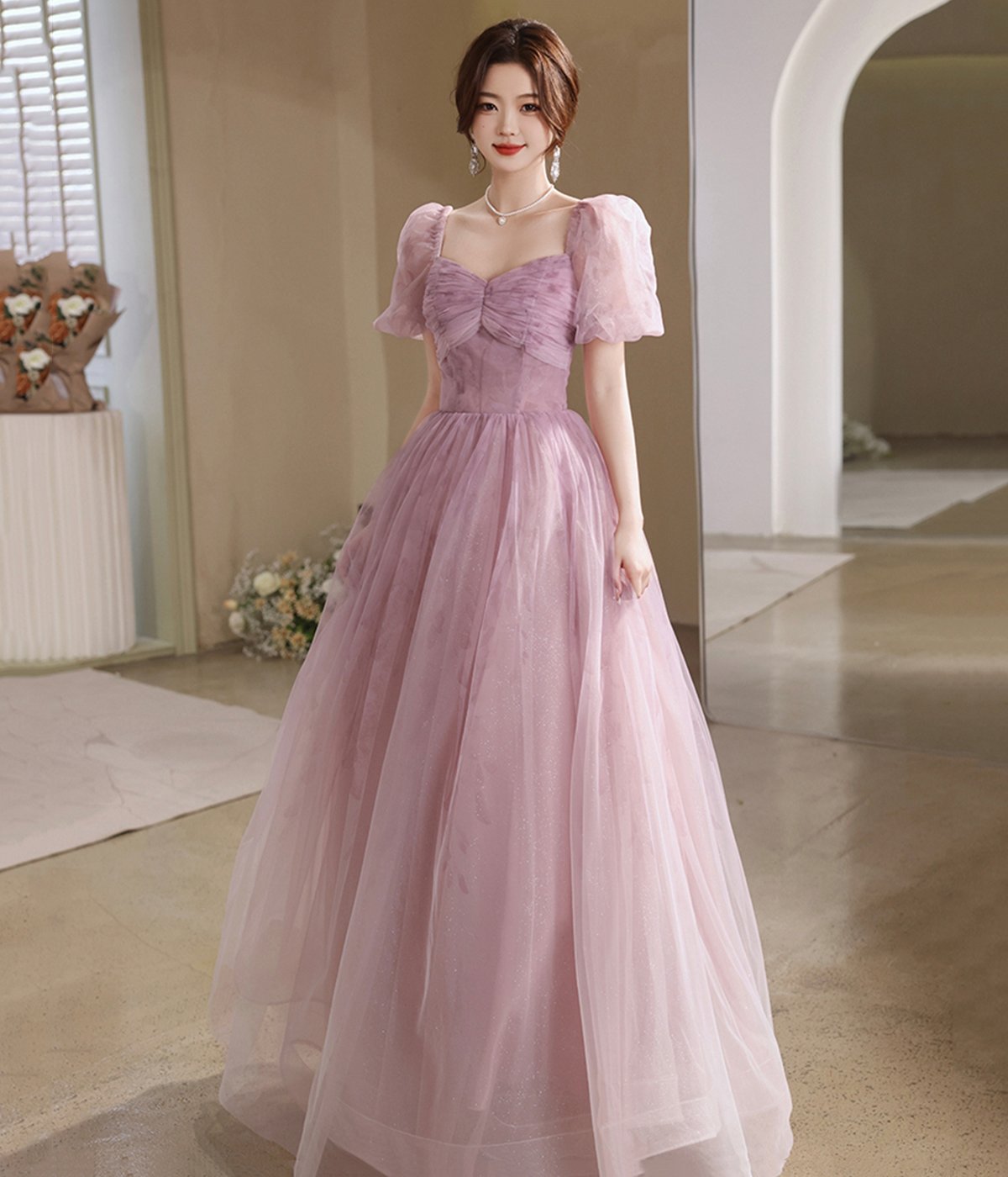 Pink Tulle Long Prom Dress, Beautiful A-Line Evening Party Dress