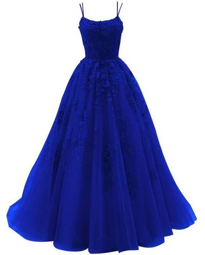Spaghetti Strap Long Royal Blue Prom Dress With Lace Appliques