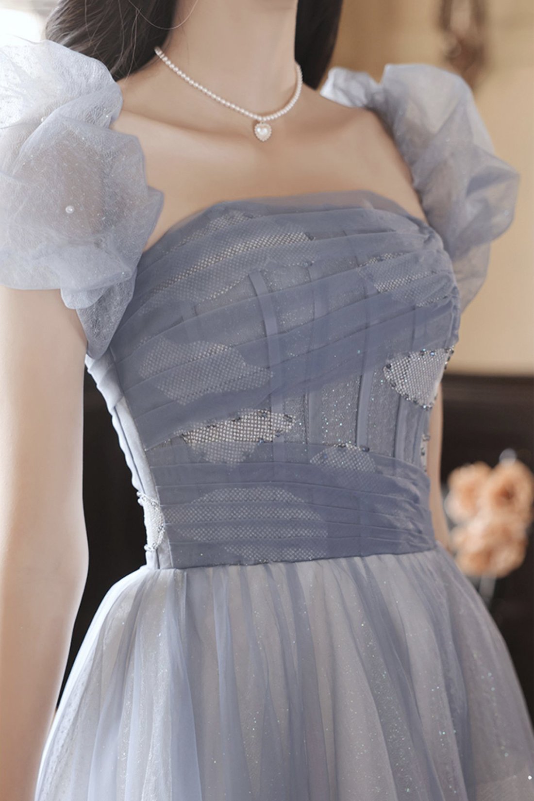 Blue Tulle Long Prom Dress, Cute Short Sleeve Evening Dress