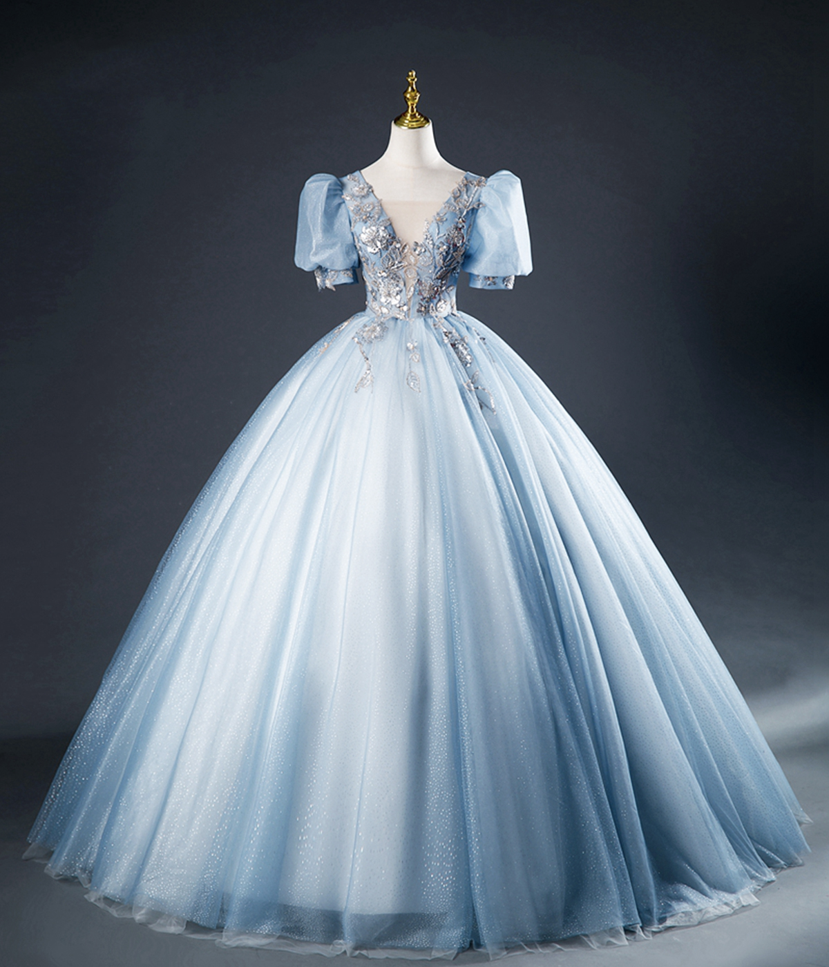 Blue Tulle Sequins Long Prom Dress, Blue Evening Dress Formal Dress