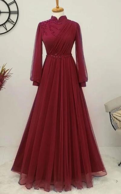 A Line High Neck Long Tulle Appliques Full Sleeve Muslim Burgundy Prom Dress