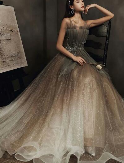 Elegant v neck tulle sequin long prom dress