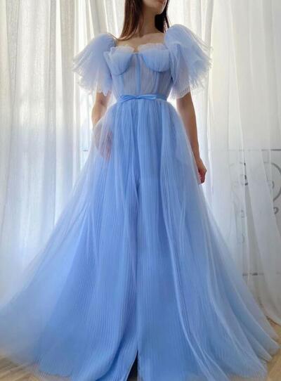 A-line Blue Tulle Long Prom Dresses