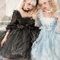 Butterfly Moon and Stars Planet Sky Blue & Midnight Black Short Sleeve Long Sleeve Dress - Thumbnail 4