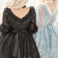Butterfly Moon and Stars Planet Sky Blue & Midnight Black Short Sleeve Long Sleeve Dress - Thumbnail 5