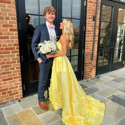 Fashion a line yellow satin prom dresses with 3d flowers - Thumbnail 1