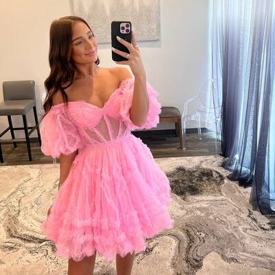 Cute a line sweetheart pink tulle short homecoming dresses - Thumbnail 1
