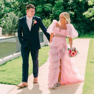 Cute a line pink tulle prom dresses with ruffled sleeves - Thumbnail 1