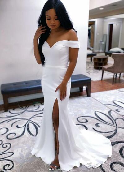 Off shoulder white satin mermaid long prom dress