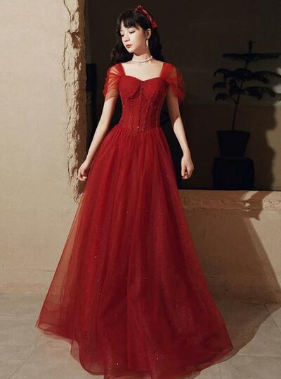 Simple off shoulder burgundy tulle prom dress